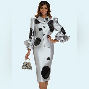 Donna Vinci 12205 – Platinum 2pc Jacket & Skirt Set with Sequin Polka Dot Accent